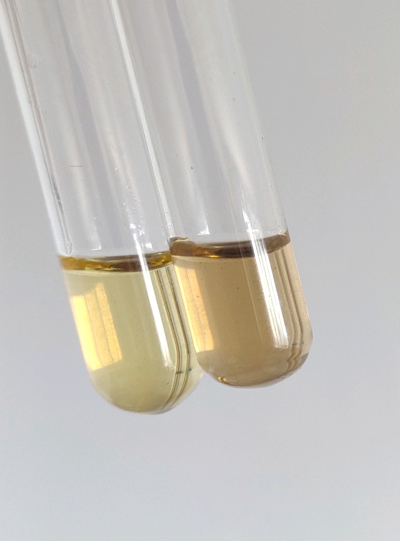 左:roussin红盐稀溶液,右:加入少量弱酸后颜色加深(生成roussin黑盐)