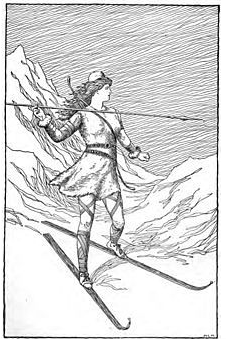 著名的一幕是斯嘉蒂踩着滑雪板在雪地上滑行,英语中的"ski"(滑雪板)一