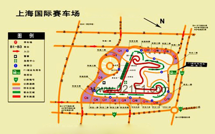 上海国际赛车场的交通平面示意图