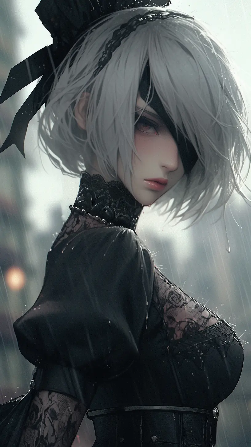 雨中的2b小姐姐【ai绘壁纸】