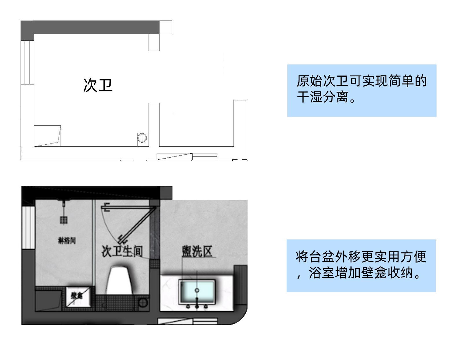 浴室内对局部墙体进行改造,增加壁龛收纳.