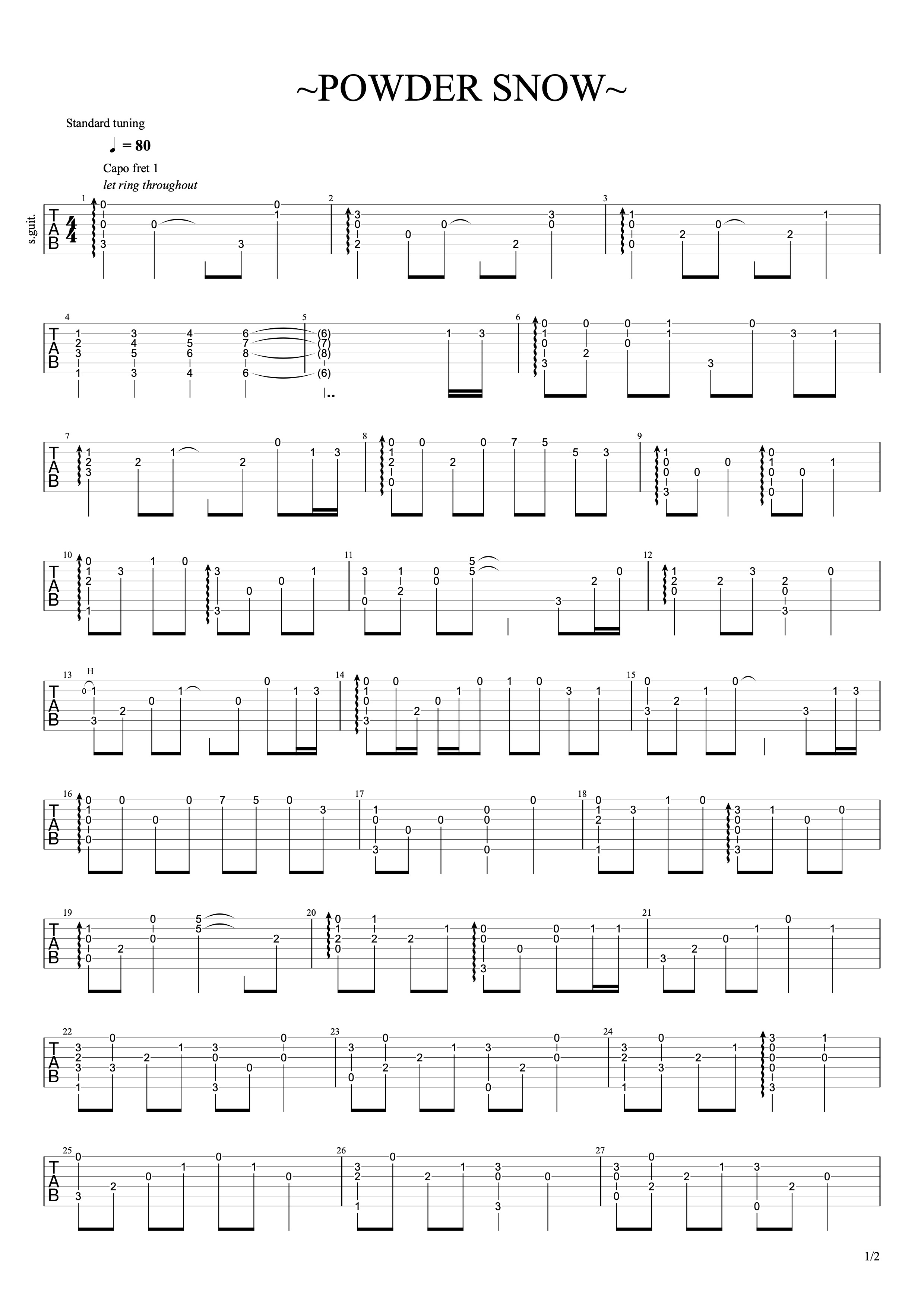 《POWDER SNOW》指弹吉他谱 哔哩哔哩