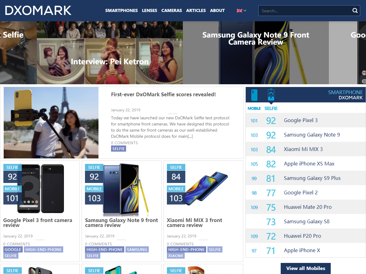 DxOMark推出了“SELFIE”前置摄像头测试：Google Pixel 3第一；华为 Mate 20 Pro第七 哔哩哔哩