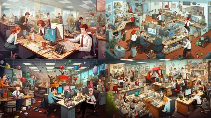 2）cartooncore 术关键词： Busy office, cartooncore 灵感： 繁