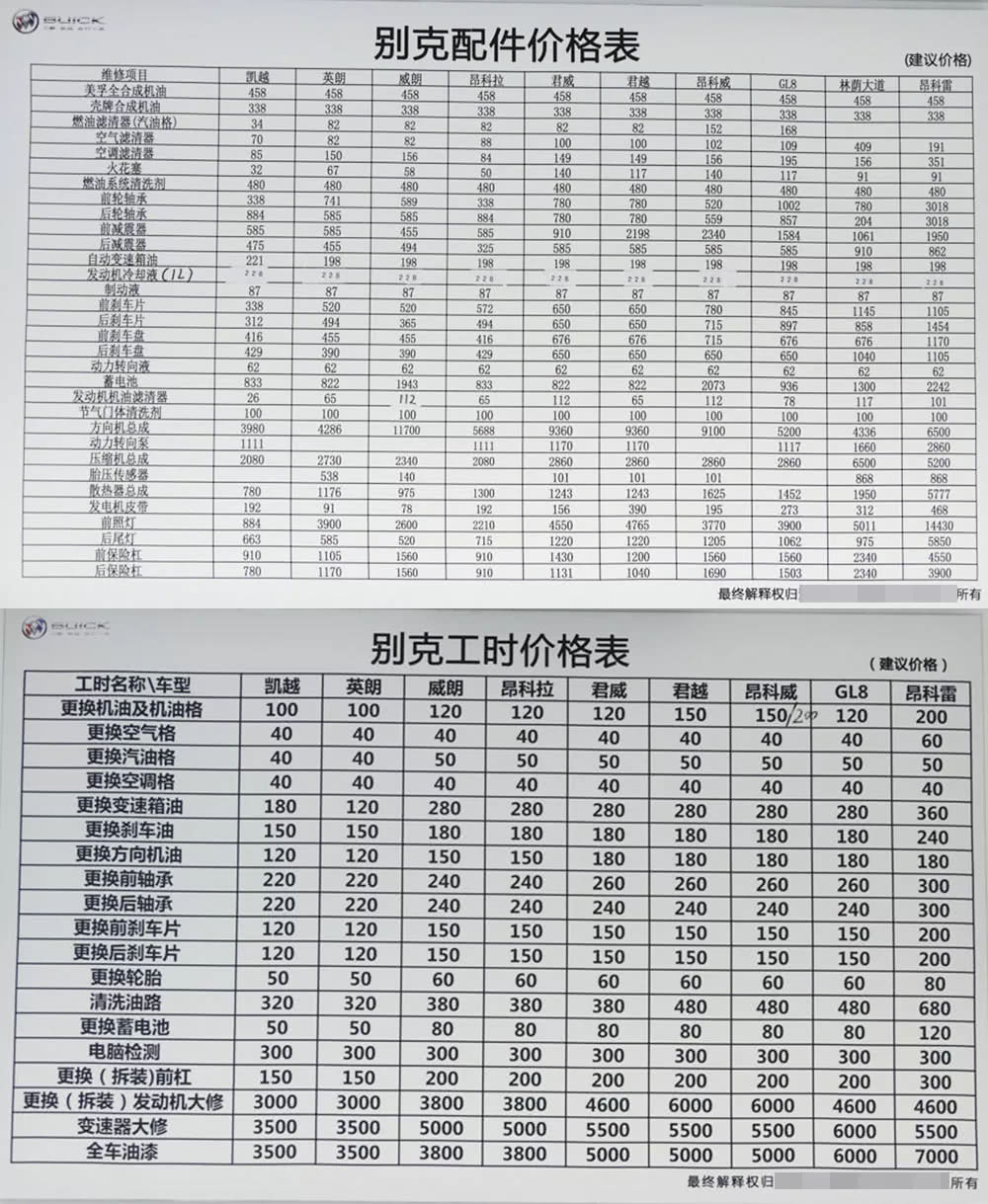 保养费用:根据保养手册显示,君威的小保养周期为5000公里一次,同时全