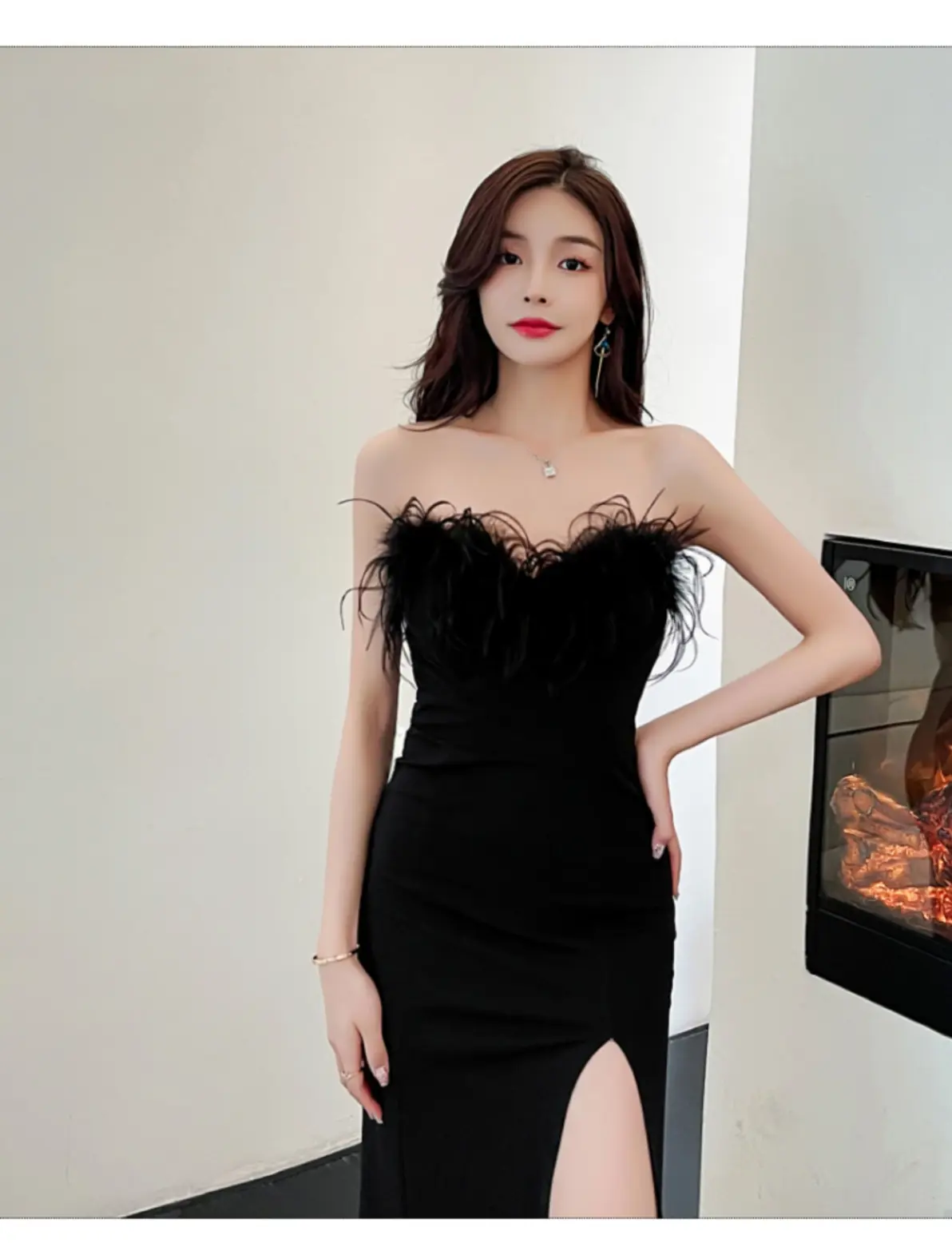 开叉抹胸晚礼服连衣裙气质年会聚会礼服裙ktv足疗技师工作服长裙