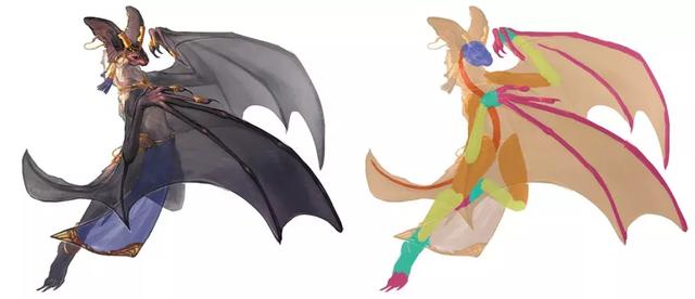 蝙蝠兽人,把脊背挺直,把腿部和脚变成人体的形状,将几根手指从翅膀