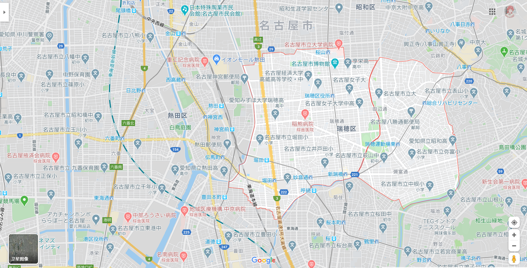 图源自谷歌地图,图片里红色围起来的那块就是爱知县名古屋市瑞穗区