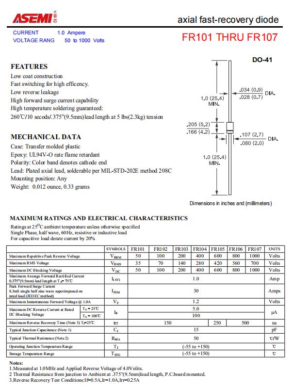 ASEMI快恢复二极管FR107参数，FR107实物，FR107应用 - 哔哩哔哩