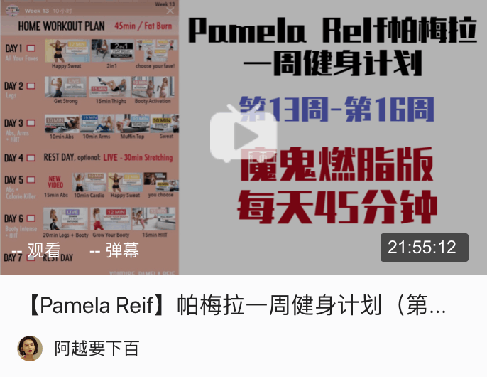 【第16周】pamela reif 帕梅拉一周健身计划课表