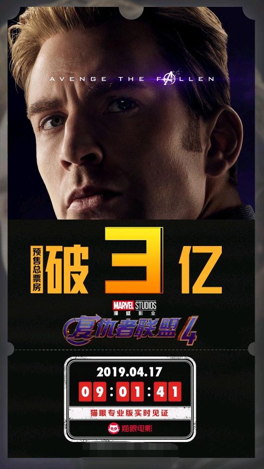 《复仇者联盟4》国内预售票房突破3亿元!