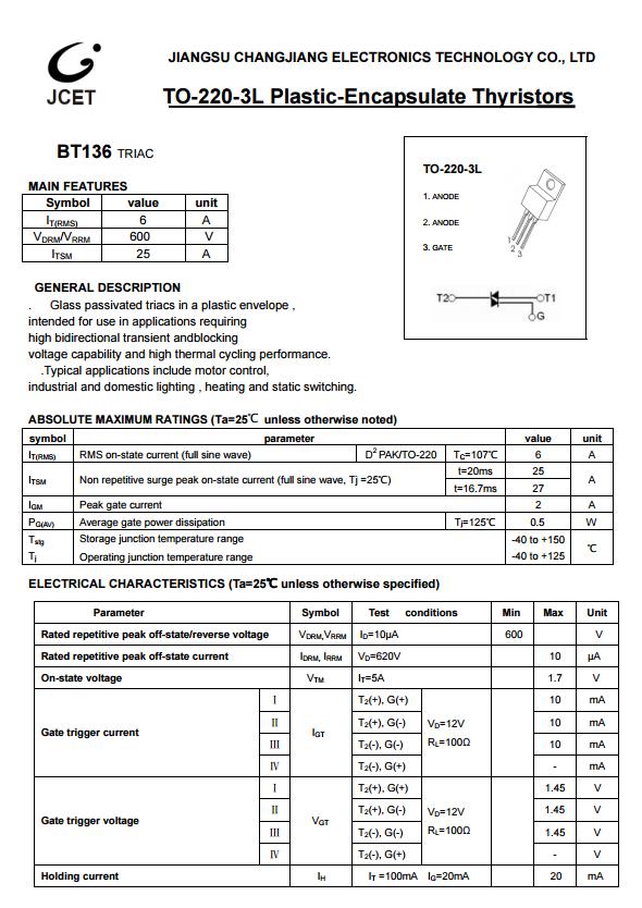 ASEMI代理长电可控硅BT136参数，BT136规格，BT136说明 - 哔哩哔哩