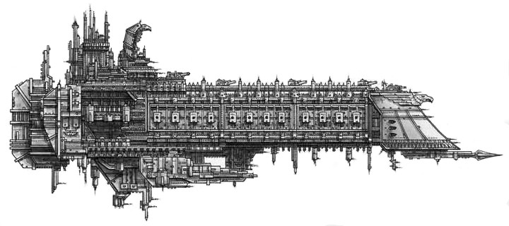 来自于battlefleet gothic (game)的报应级战列舰侧视图