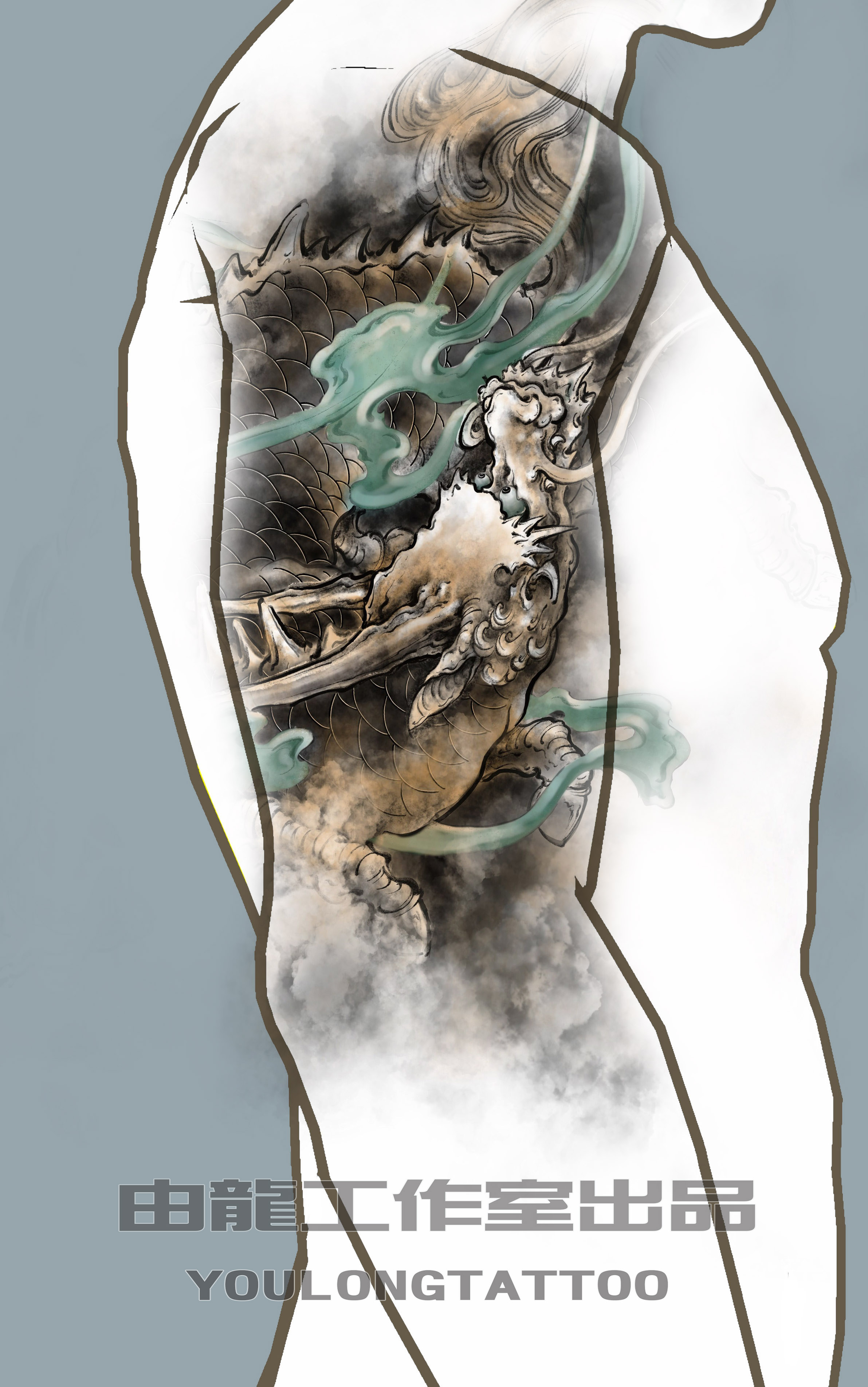 麒麟花臂纹身绘制中_大图_上海由龙刺青