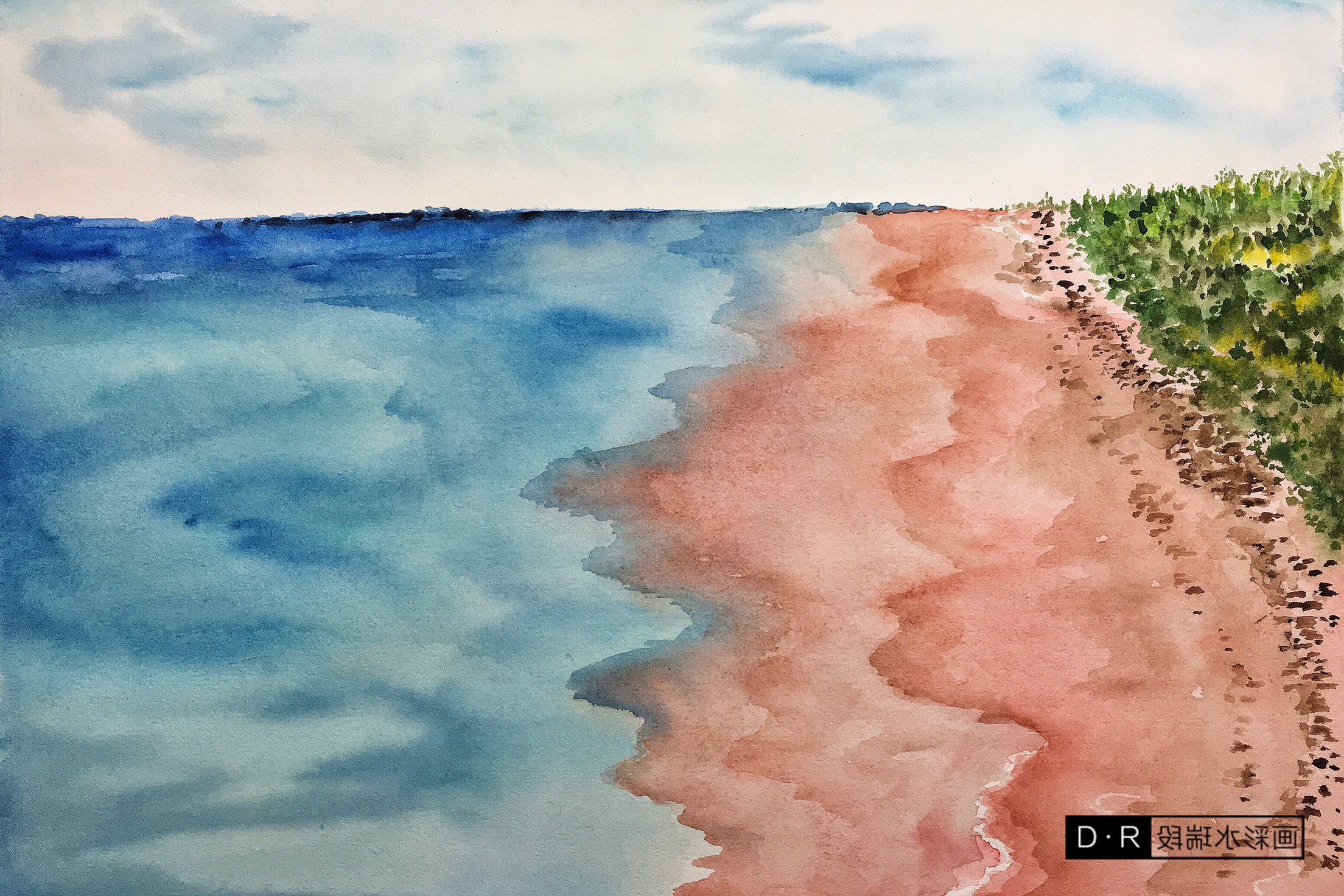 水粉画大海 沙滩图片
