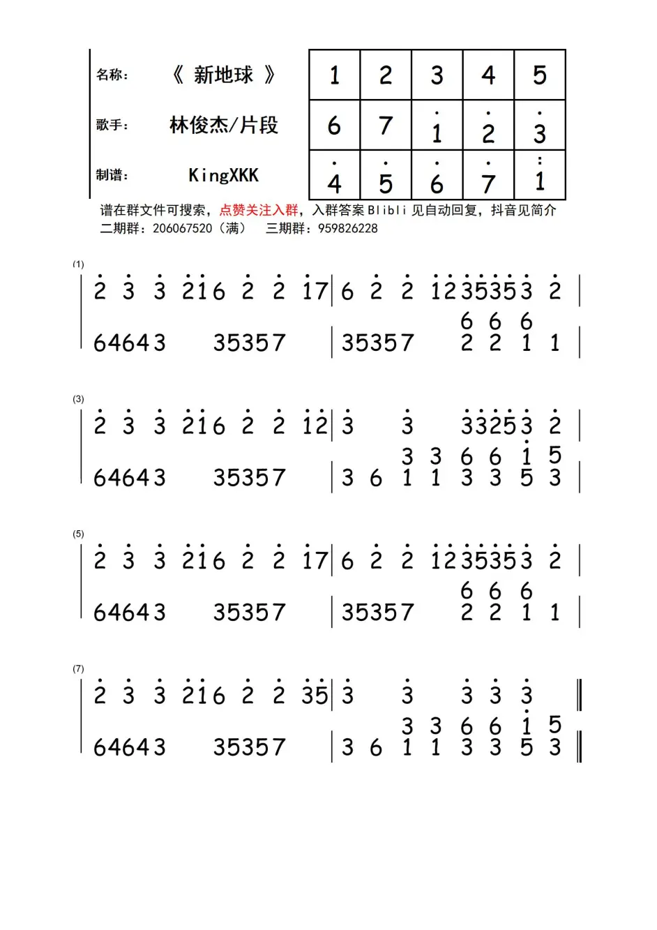 光遇乐谱 新地球 林俊杰 片段版 数字简谱 哔哩哔哩