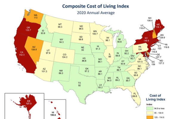 2020年美国各州平均生活成本(以全美平均水平为100为基数计算) 美国20