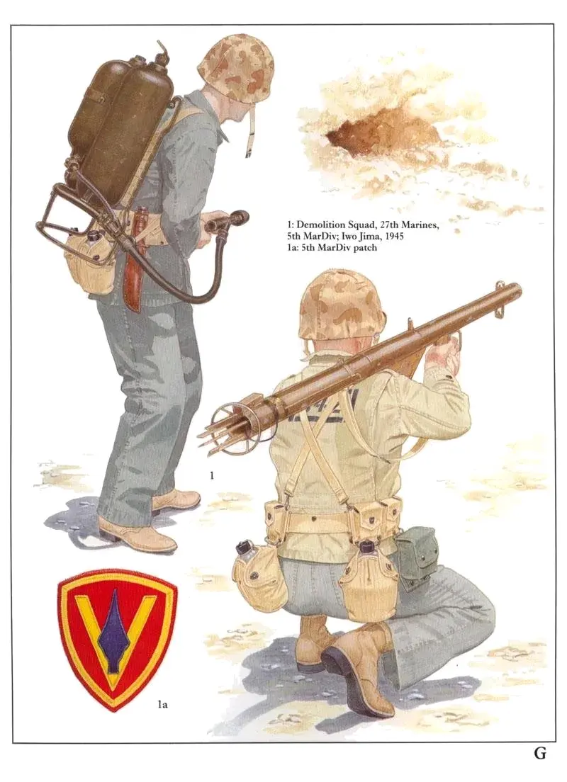 G1:���ư࣬��5����½ս��ʦ��27����½ս���ţ���ǵ���1945�� ��4�͵�5����½ս��ʦ��ÿ��Ӫ��������һ֧��ʱ�ġ�ͻ���š�����Щ����װ��M2-2ʽ������������2.36Ӣ��ھ�M1A1���Ͳ��Mk IIʽ���׺�ըҩ�����Ƿֱ�õ��ˡ����ܡ���������ڡ���bazookas���������桱�͡������ꡱ�Ĵºš�����ǵ�����ǹ�Ÿ���Ϊ������ǹ���һ�������ưࡱ�������ưࡱ�ֱ��ֳ�һ��װ�����Ͳ�ĺ���֧�������Զ���ǹ�ġ�������С�顱��һ��װ������Ͳ��ըҩ���Ĳ�����ɵġ�����С�顱��һ�������ڻ�������װ����ֻ�����������ġ�����������С�顱����װ��װ������ӡ�ĵ�5����½ս��ʦ�ı�־չʾ��ͼ�л�����ֵ�������ͼ1a���ǵ�5����½ս��ʦ�Ļ��µķŴ�ͼ��