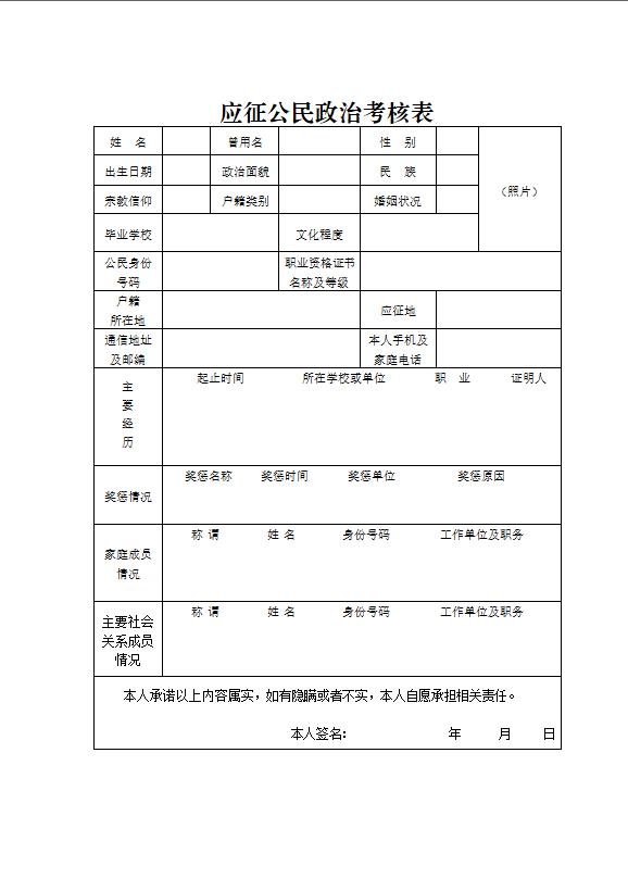 定向培养士官招生面试表 3