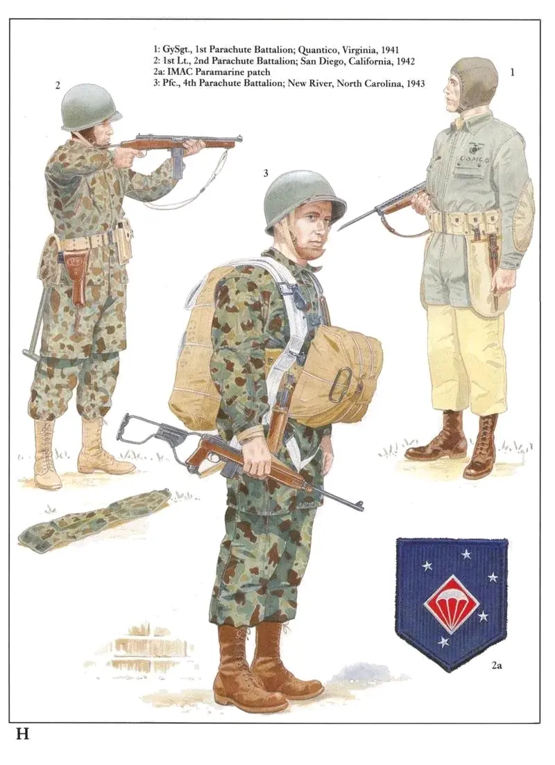 H1:������ʿ����GySgt������1ɡ��Ӫ�����������ݿ�ٿƣ�Quantico����1941�� ����ĺ���½ս��ɡ������������ɫ�Ʒ������׵�һ�ְ汾�Ļ���ɫ���ס�����ʽ��װ�ܿ��Ϊ���ձ����ɡ��װ�������ڲ������׵������ʹ�á����ؿڴ���װD�Ϳ����У�װ�ɿ����������ؿڴ���װҰս���Ȱ�����������Ĵ�ڴ�װ����Ұս���겼�������ñ����һ�ֶ���ʹ�ù����ֵ���ɫ��ɡͷ�����ڳĴֲڵ�Ƥ����ɡѥҲ���״�ʹ�á�Լ��ѷM1941ʽ��ǹͬ����������ֻ�������ŵ�ս���б�����ʹ�á����Ķ��صĴ̵��ǹ̶��ڸ�����ҩ���������ϵģ���һ��Western Co.W31������̶������������ڴ��У������ִ����������䱸Ƥ�Ƶ��ʡ� H2:��ξ����2ɡ��Ӫ������������ʥ���꣬1942�� �����������Բ�ɡ��������ǳ��ɫ�İ汾���ƣ��������˿ڴ��ͳĵ��ϵ���ơ����������Բ�ɡ�����������棬������Ӱ����1944������湤��������ơ�A-7����ͷ��������M1�ֿ����档��Ͳ��ɡѥҲ������ͼ�С�ս����Reising M55���ǹ��֤����һϵ�е�ȱ�㣻һЩ����½ս��Ա˵����������һ���õİ����������ǹ������ǹ��������ǰ����ɡ����ɡʱʹ�ã���Ӧ��һֻ�Բ��Ȱ�Ҳװ���˲��ӡ������M1910ʽ�ں�������Ҳ�����ǵ����˹�ʹ���š���1����½ս�����ܱ���ɡ������½ս�ӵĻ��¼�ͼ2a�� H3:һ�ȱ�����4ɡ��Ӫ�������������ºӣ�1943�� ������ɡ���Բ����׽���װ���������һ֧Ͷ���ж���ɡ��Ӫ�����ɶ���ɡ��ѧУ��Ա��ɵĵ�4ɡ��Ӫ��½��װ����M1Cɡ��ͷ����ͬ½���ġ��ƿ��ס���Corcoran����ɡѥҲװ������֧���ӡ�ͼ��ʿ����������M1A1ʽ����ǹ�Ϳ�����˹���߹�˾��Camillus Cutlery���ķѶ�������Fairbrain��ͻ���Ӿ���������ǹ���Է��ڲ�ɫ��ɡ���в�������ǰ�ı��ý���ɡ�������档�������չ�����NAF��68514�ͽ���ɡ������ɡ������28Ӣ��ֱ����ɡ�ǡ�