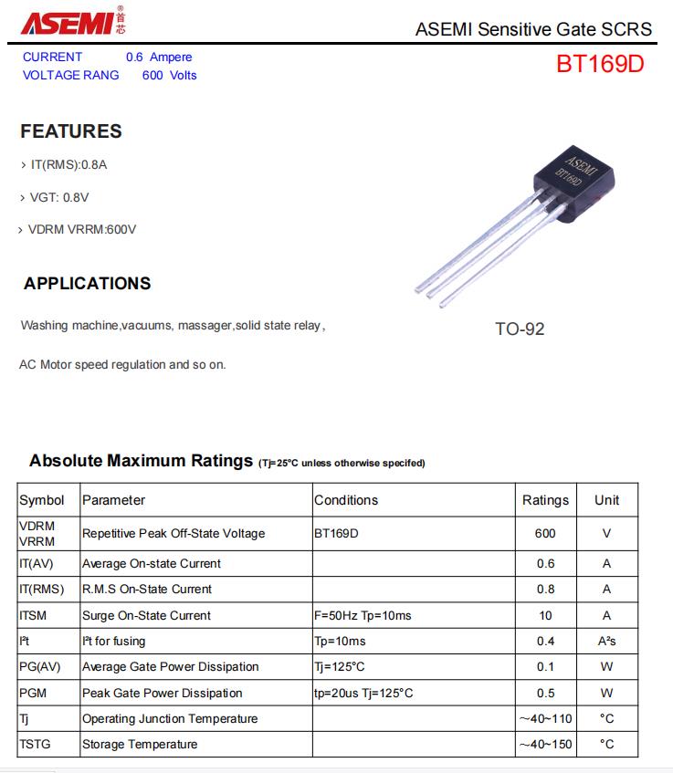 BT169D-ASEMI单向可控硅BT169D参数、尺寸、规格 - 哔哩哔哩