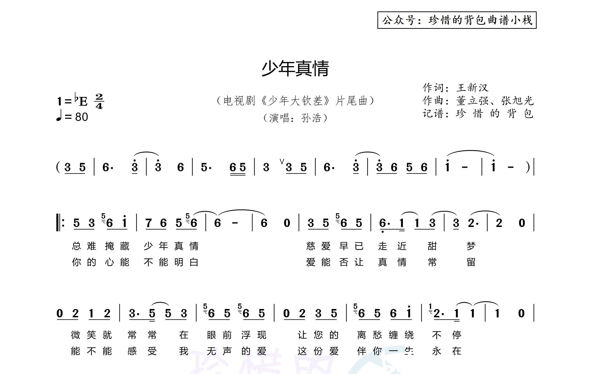 孫浩- 少年真情(簡譜),電視劇《少年大欽差》片尾曲