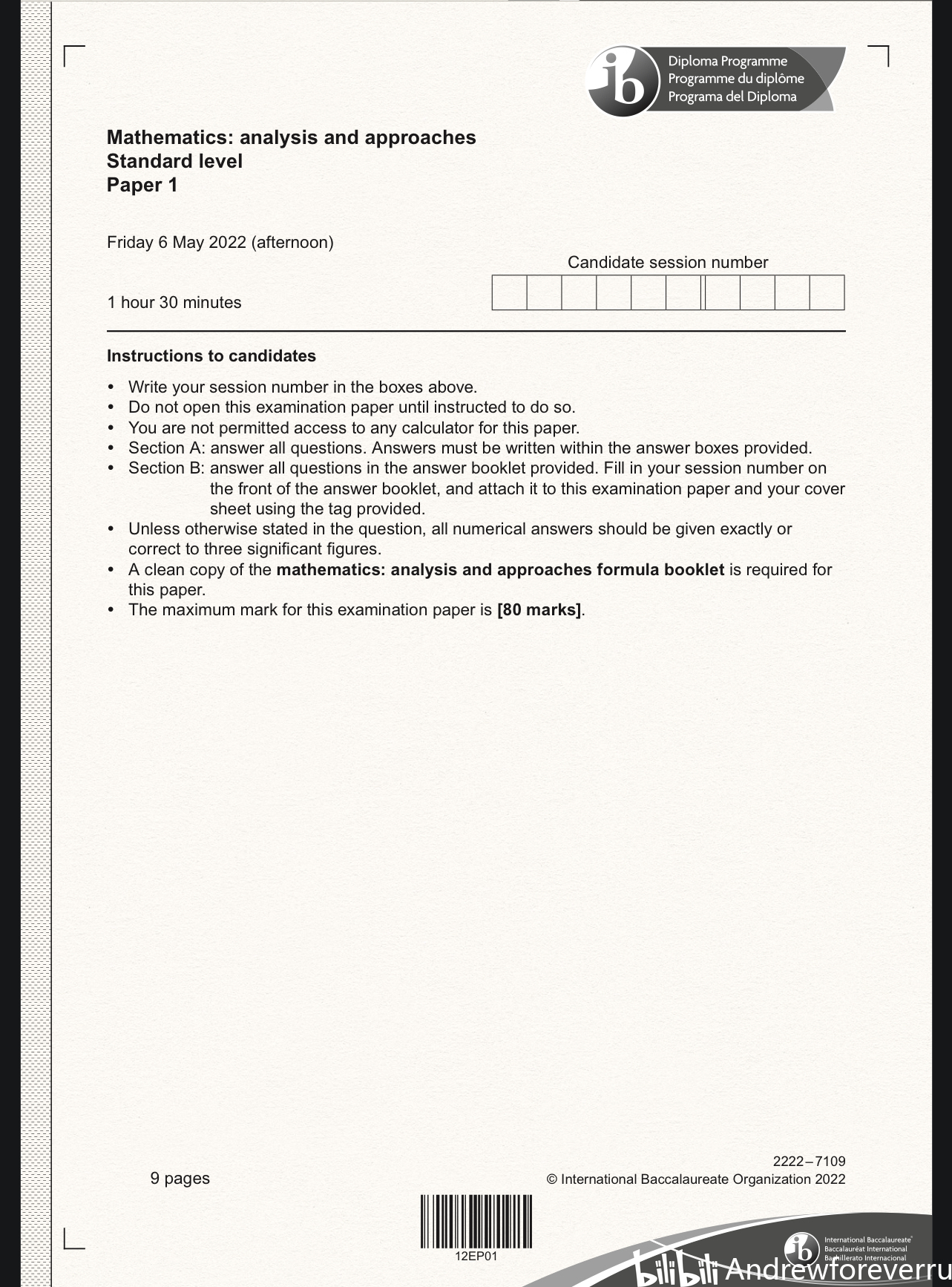  2022 ib dp math aa sl paper tz1 