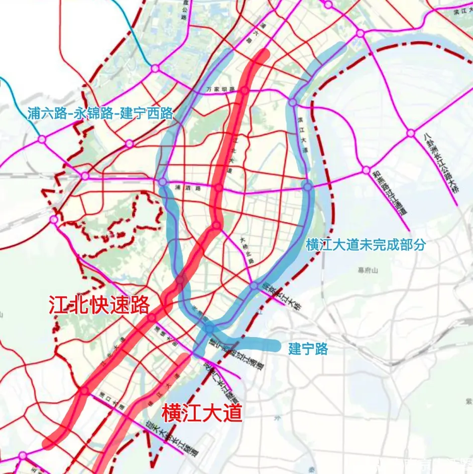 前者横江大道滨江部分的南侧已经建成通车,北侧的北延线进展缓慢,目前