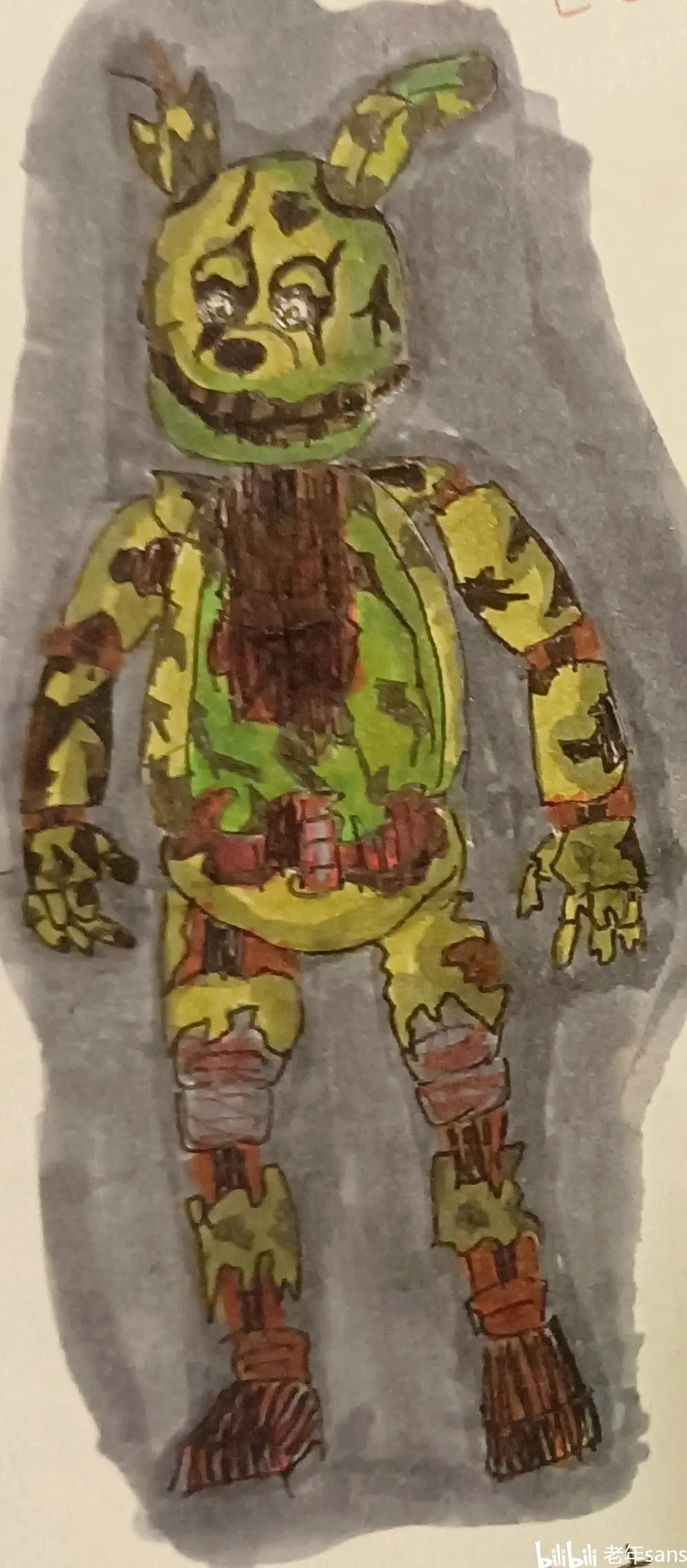 名:springtrap来源于fnaf3背景故事:造成紫衣人(威廉·阿夫顿)之死