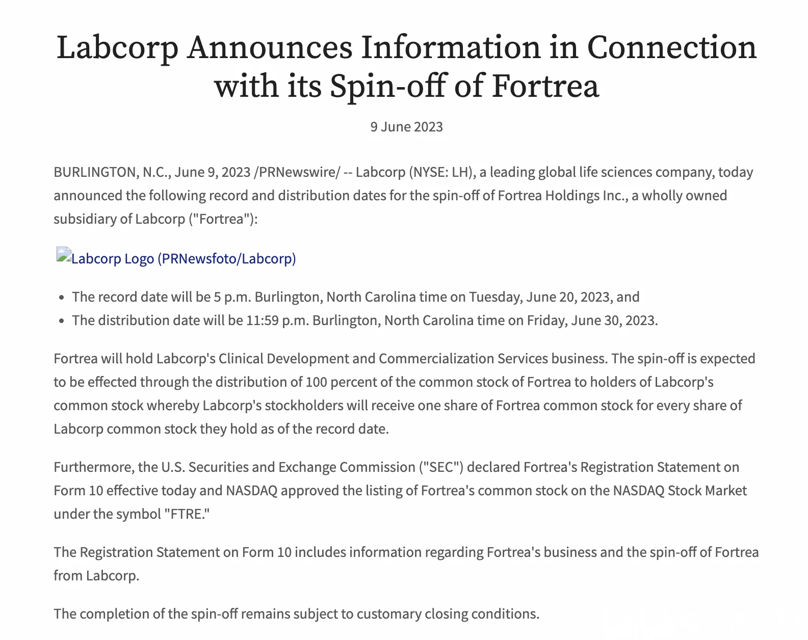 Labcorp公布分拆Fortrea的有关信息 哔哩哔哩