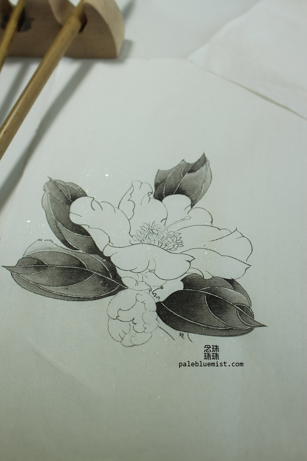 茶花白描.云母熟宣.