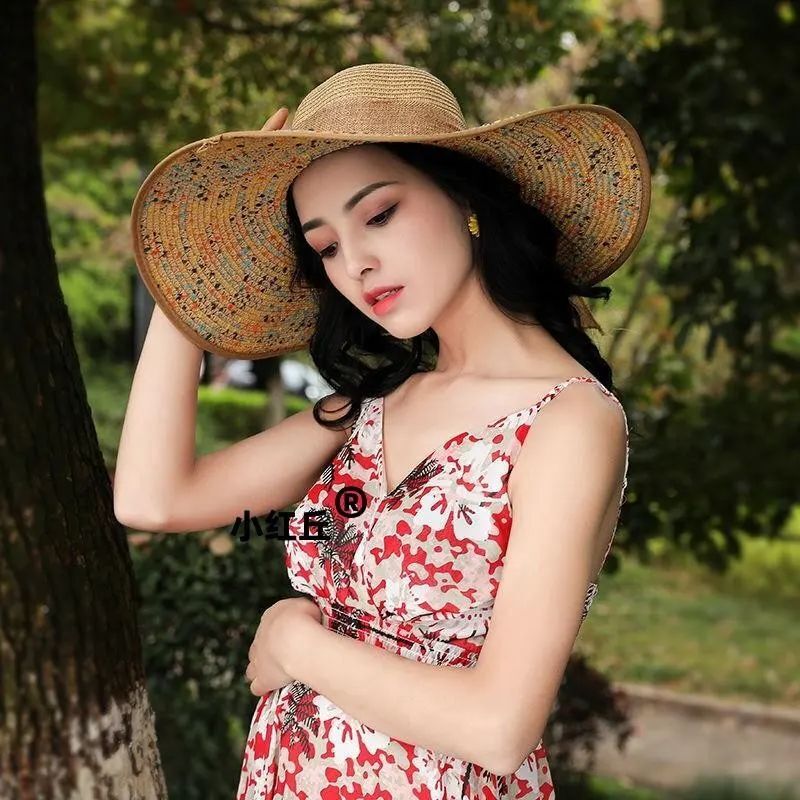 草帽子女新款海边大帽檐防晒遮阳韩版百搭出脸小毛绒帽子