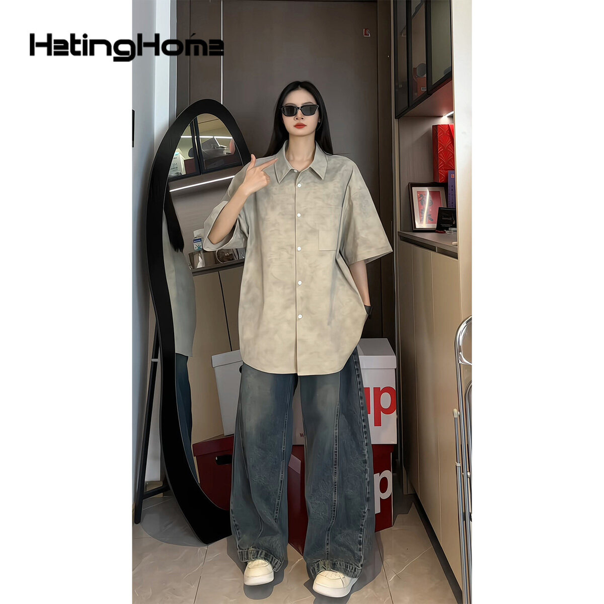 hetinghome梦醒时分！夏季潮牌情侣短袖衬衫宽松男生美式衬衣半袖