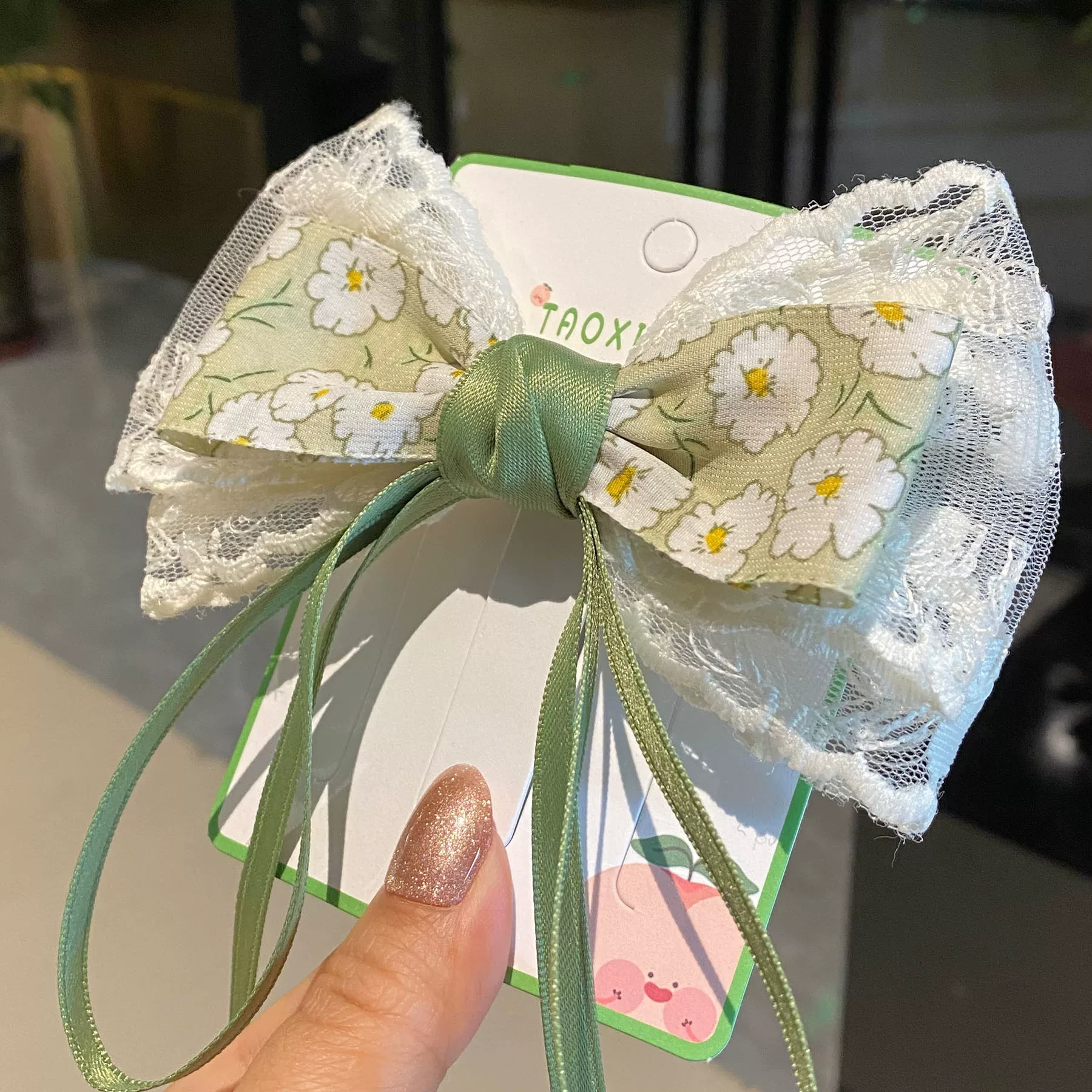 小清新牛油果绿蕾丝大蝴蝶结飘带发夹女童发饰发卡森系头饰日系