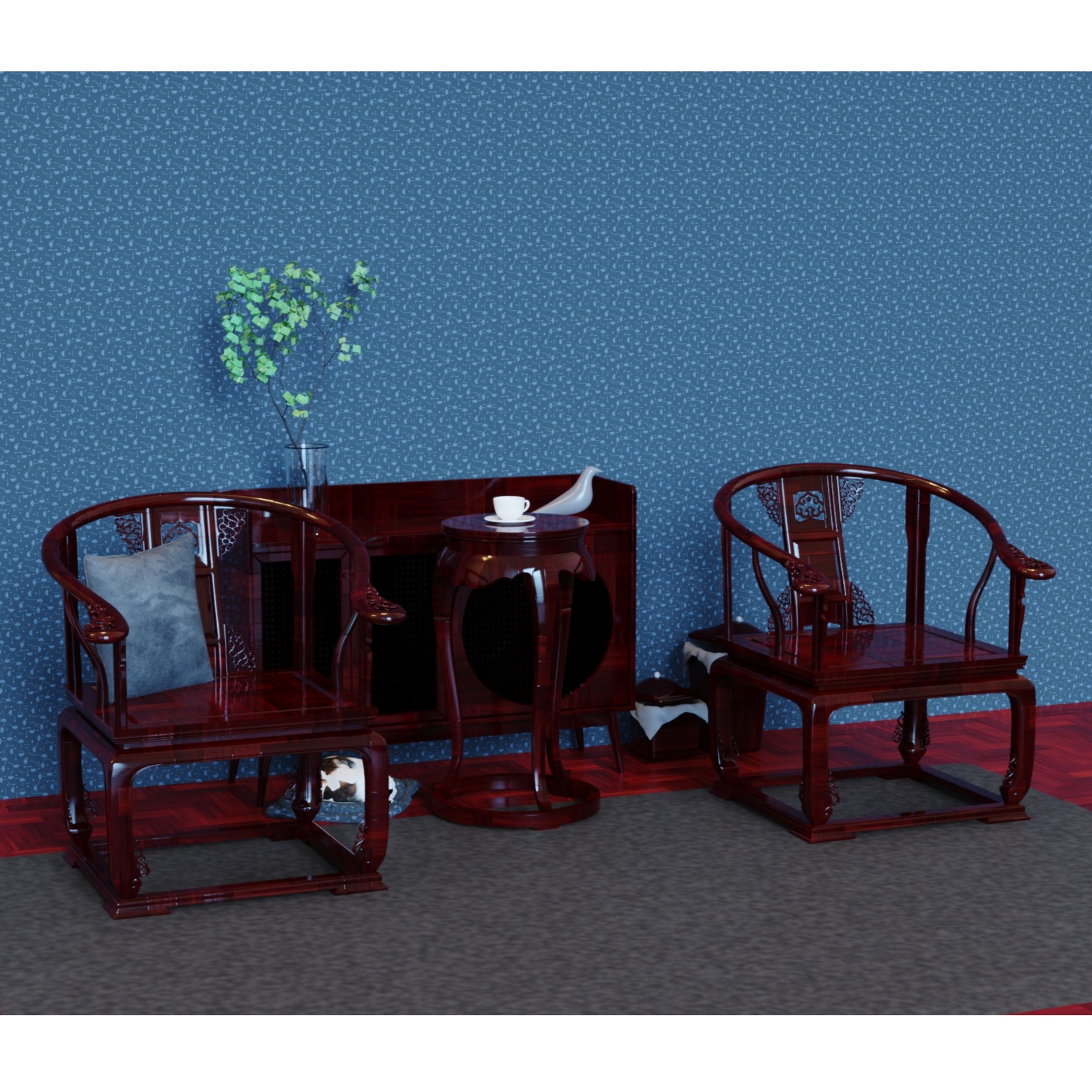 中式家具【三足香几+中式椅子】3d建模模型文件渲染效果图3d打印文件犀牛建模