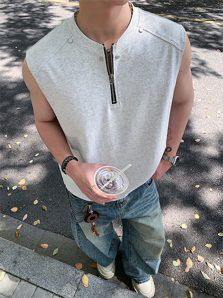 夏季半拉链设计感背心男户外健身运动坎肩短袖宽松慵懒风无袖T恤