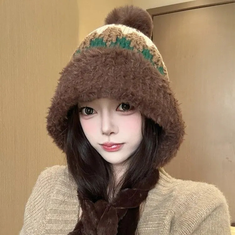 2025新款韩版毛绒针织护耳帽子女冬季双层加厚保暖户外毛线套头帽