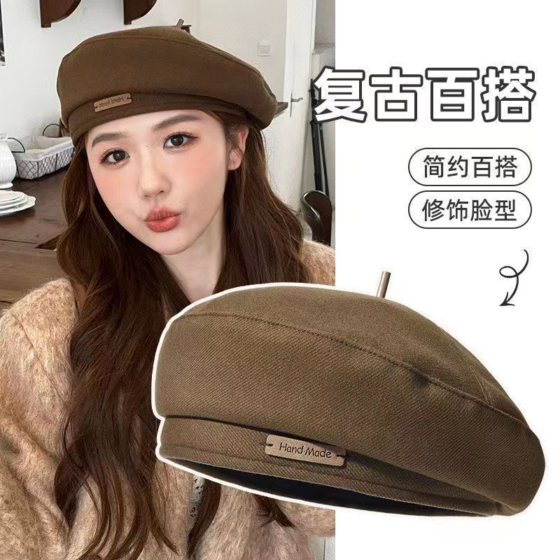 秋冬毛呢贝雷帽女款春夏八角帽显脸小网红百搭大头围潮牌画家帽子