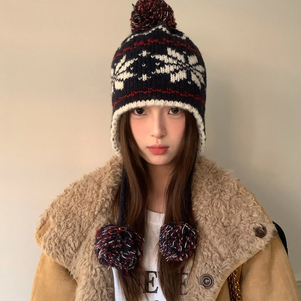 复古费尔岛提花毛球针织雷锋帽子女秋冬季显脸小毛线帽护耳套头帽