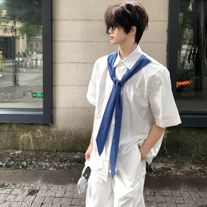 新款美式格子披肩绑带衬衫宽松假两件短袖衬衣潮流流行文艺XZ601-1/C2144