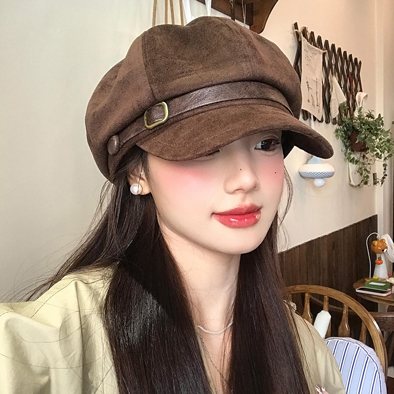 美拉德咖色复古麂皮绒贝雷帽女秋冬气质休闲显脸小画家皮扣八角帽