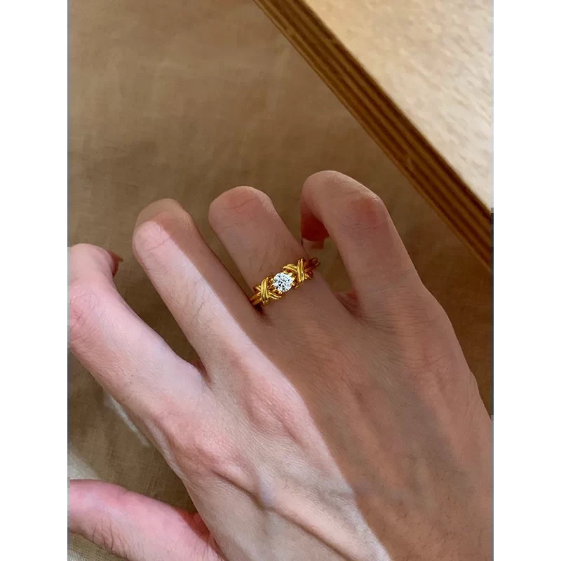 18K金色中古交叉绑带钻戒女vintage古董风仿真钻石婚戒十字结戒指