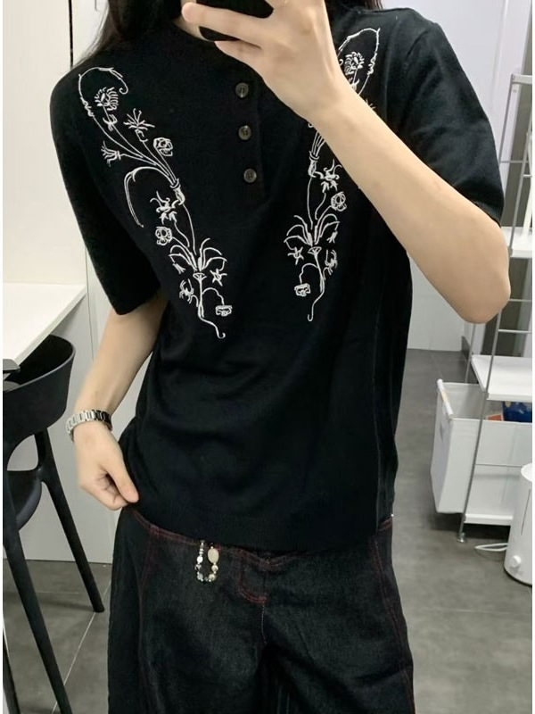 老万同学新款白枝花卉刺绣针织短袖Polo衫男生夏季美式老钱风正肩亨利领短宽T恤RS/XZ617A-2/N466