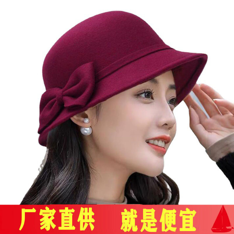 新款潮牌羊毛呢礼帽女春秋韩版圆顶渔夫帽网红百搭复古英伦盆帽子