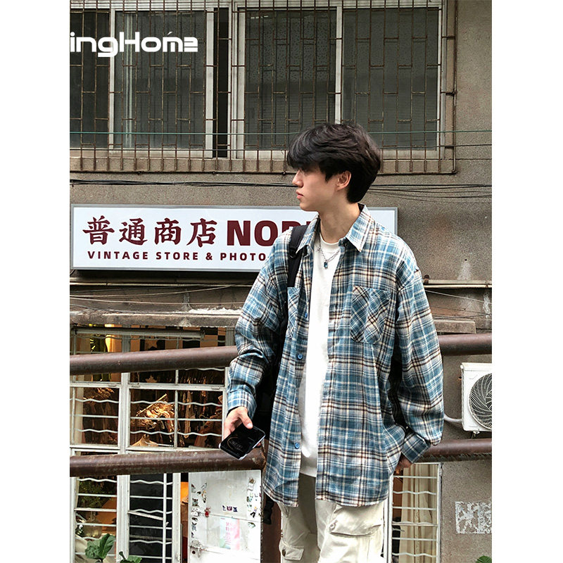 hetinghome花儿和少年！秋季潮牌情侣复古格子衬衫男款无性别宽松