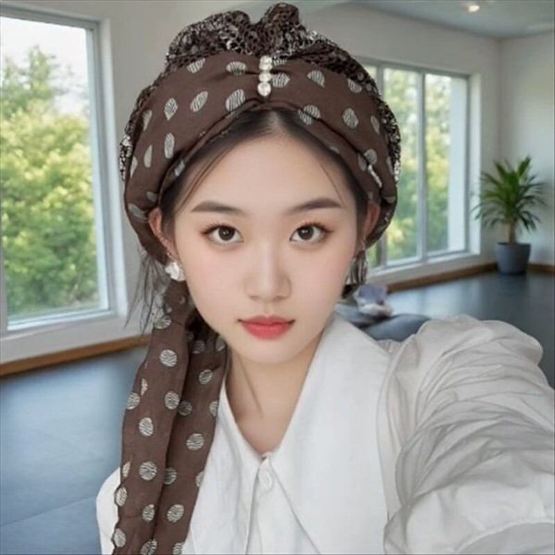 夏季新款女士包头帽套头帽带发带丝巾款式波点飘带帽遮白发头巾帽