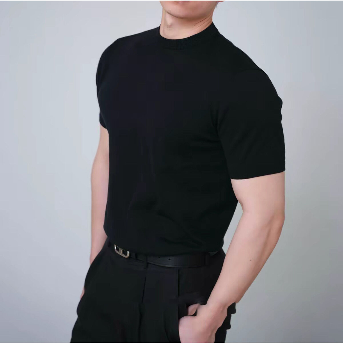 夏季通勤简约百搭纯色短袖T恤圆领修身针织透气潮流男女款上衣HGFJ/anran01