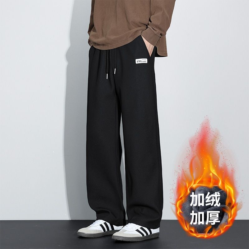 加绒加厚休闲裤男冬季新款松紧腰直筒抽绳宽松贝贝绒保暖裤子男