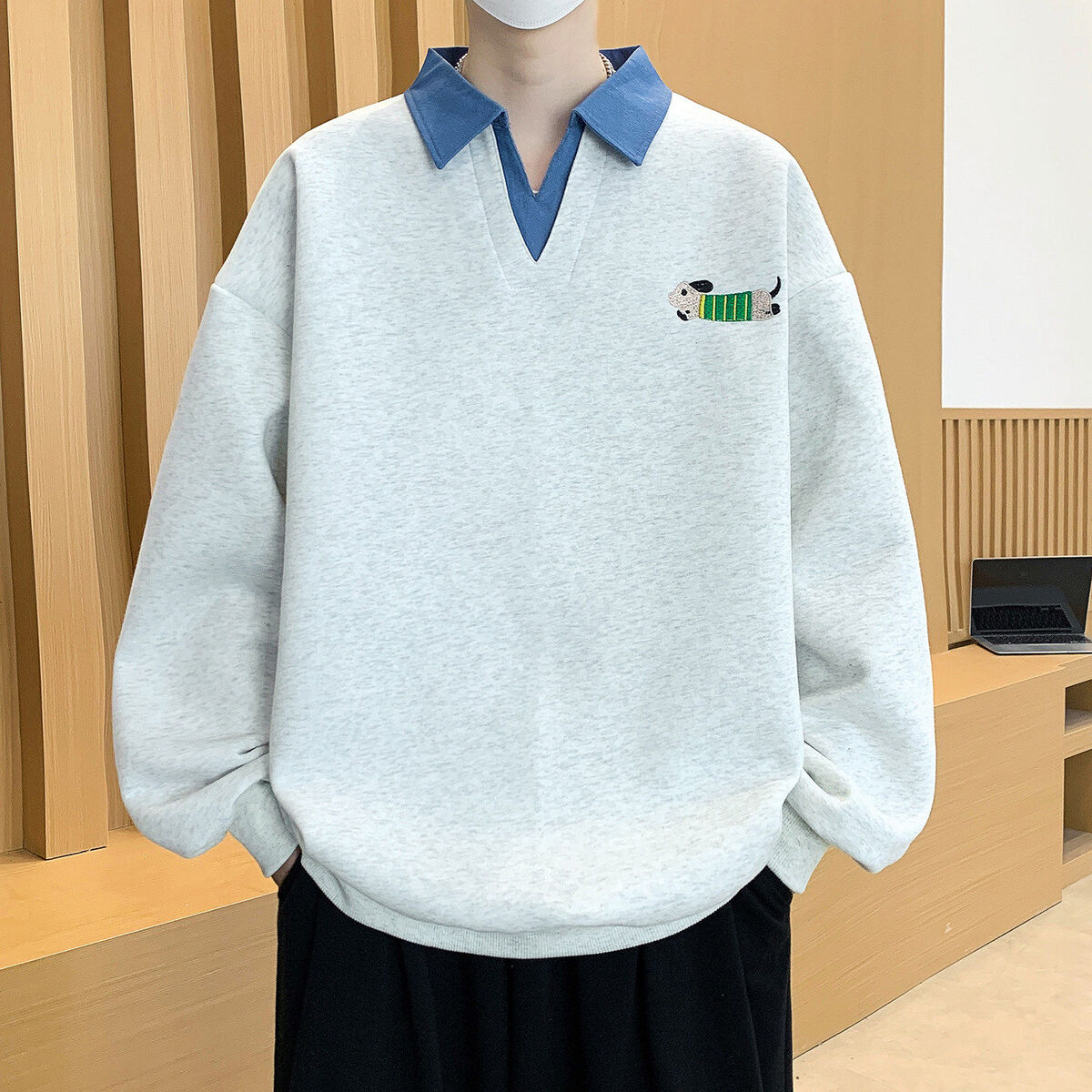青少年翻领卫衣男潮牌春秋季新款初中高中学生V领打底衫宽松上衣