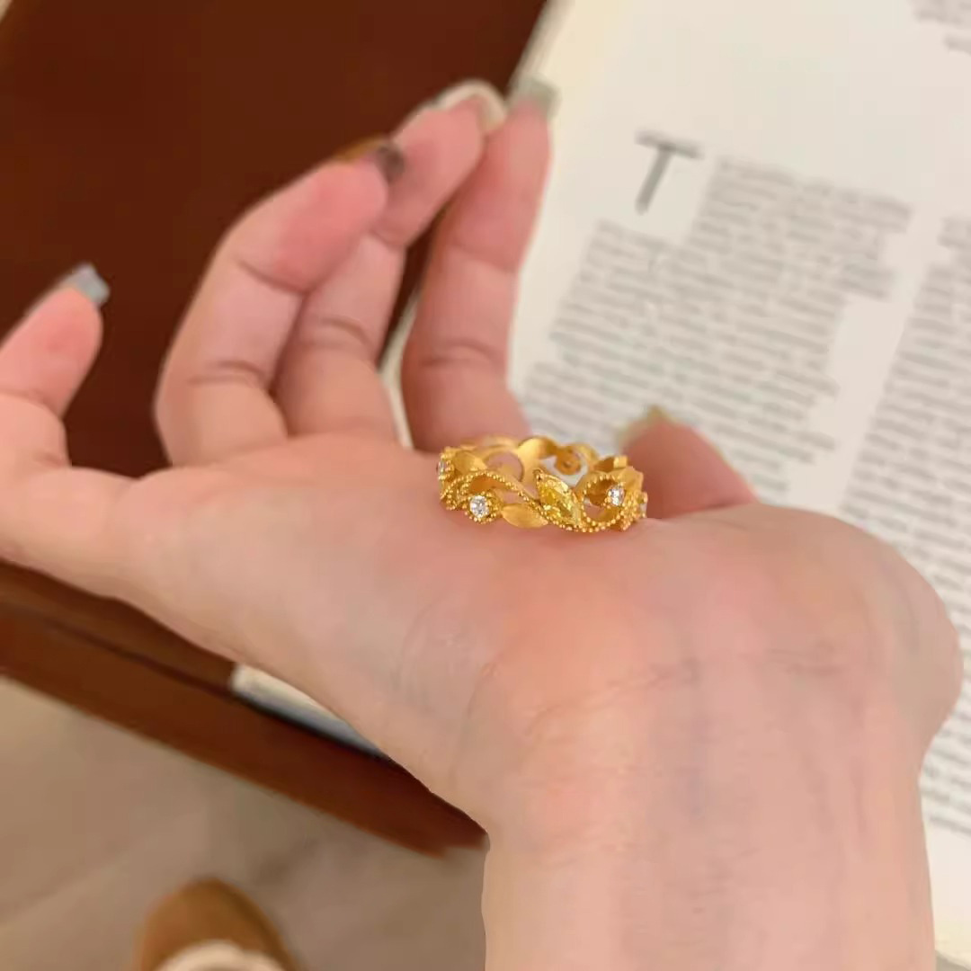 锆石花朵宽面开口戒指小众百搭复古气质食指戒轻奢高级感时尚手饰